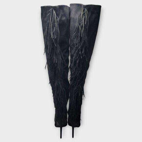 Steve Madden Lesha Suede Thigh High Open Toe Tall Heeled Fringe Boot Black Sz 9M - Picture 5 of 13